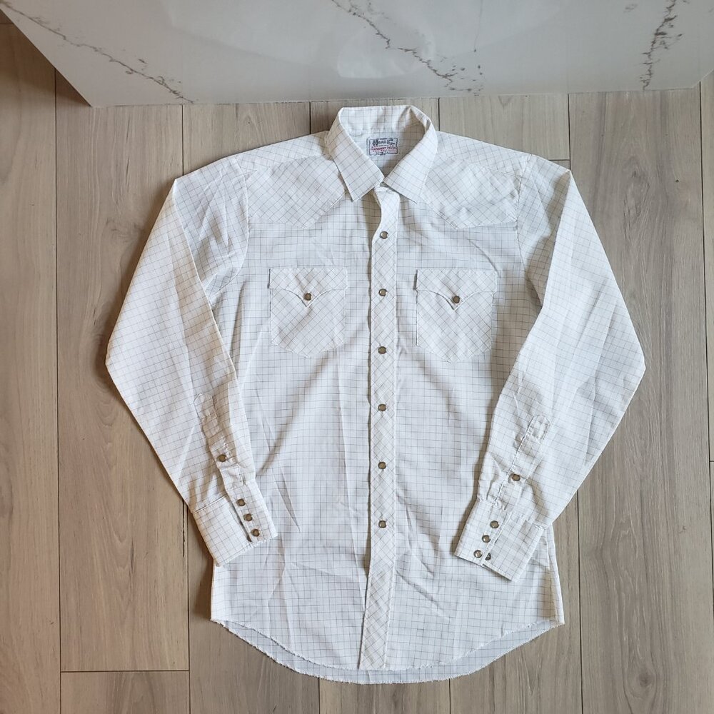 VTG H Bar C Ranchwear Shirt Soil Release Mens M Long Tail Plaid Pearl Snap USA